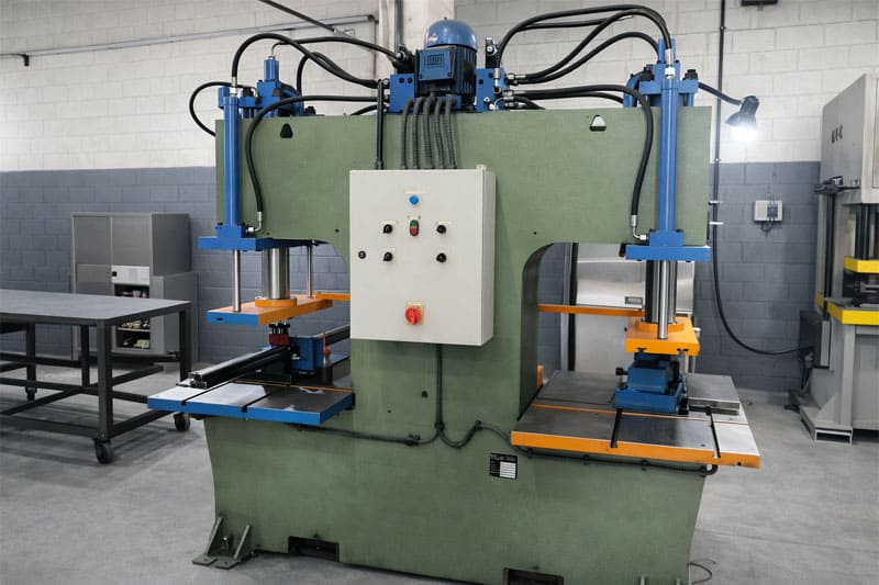 conformação de peça metálica em prensa hidráulica